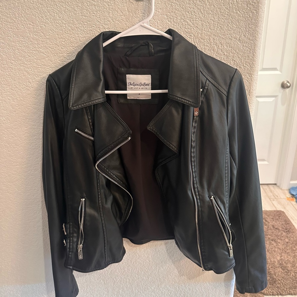 Chelsea DeBoer Black Faux Leather Asymmetrical Zip Jacket with Lily & Lottie
